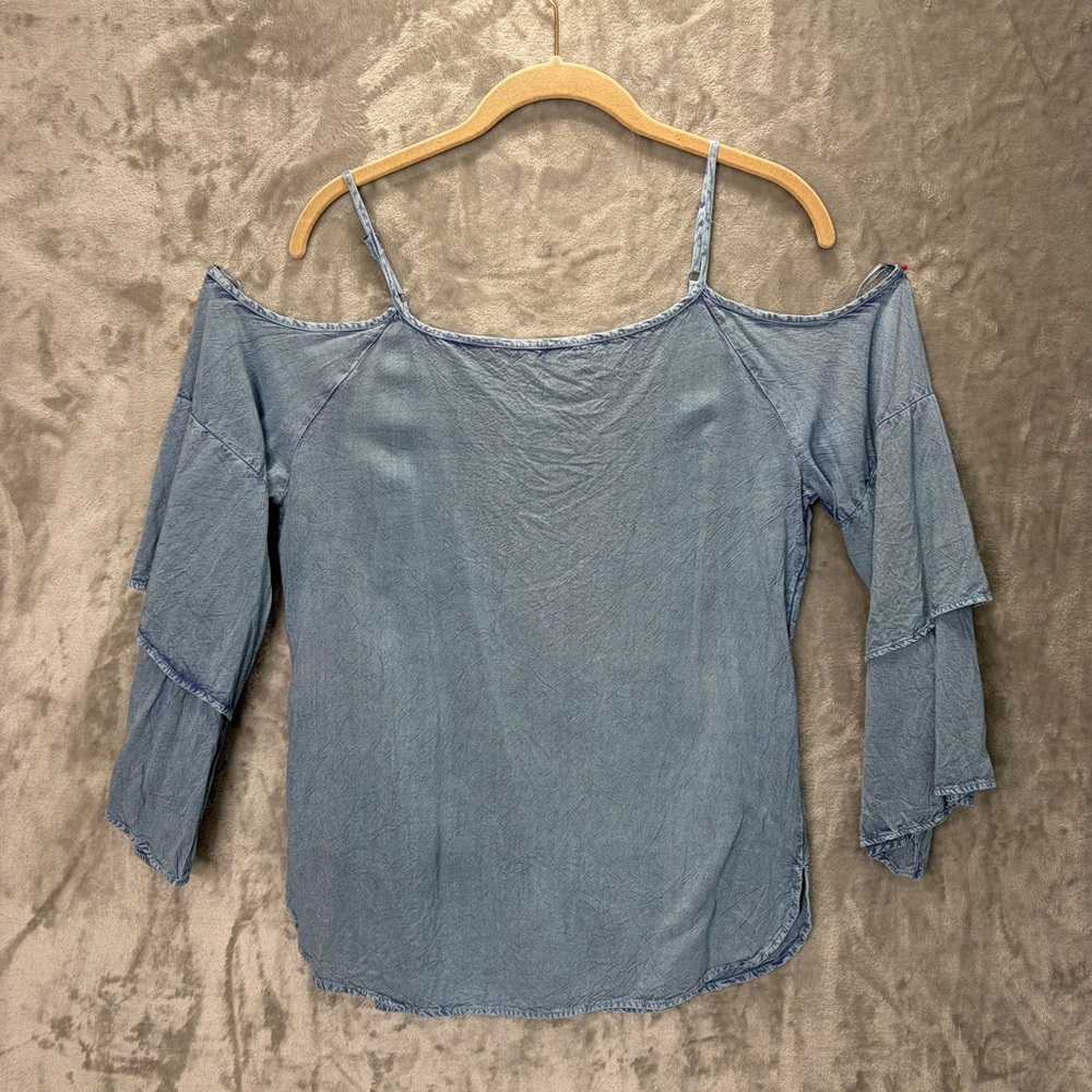 Earthbound Cold‎ Shoulder  Tiered Sleeve Ruffle Blouse Womens M Blue Indie Boho